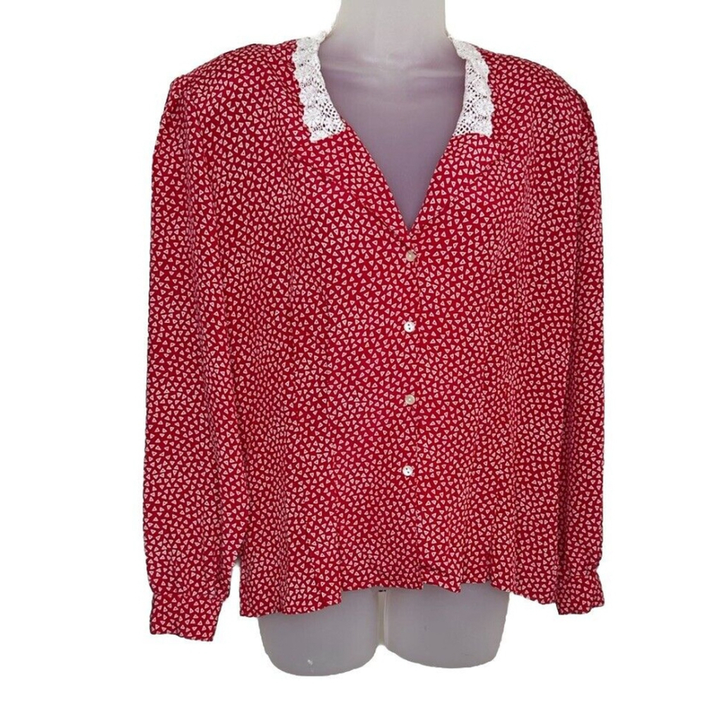 Vtg Peters & Ashley Long Sleeve Red Print Button Front Blouse Peplum Lace Collar